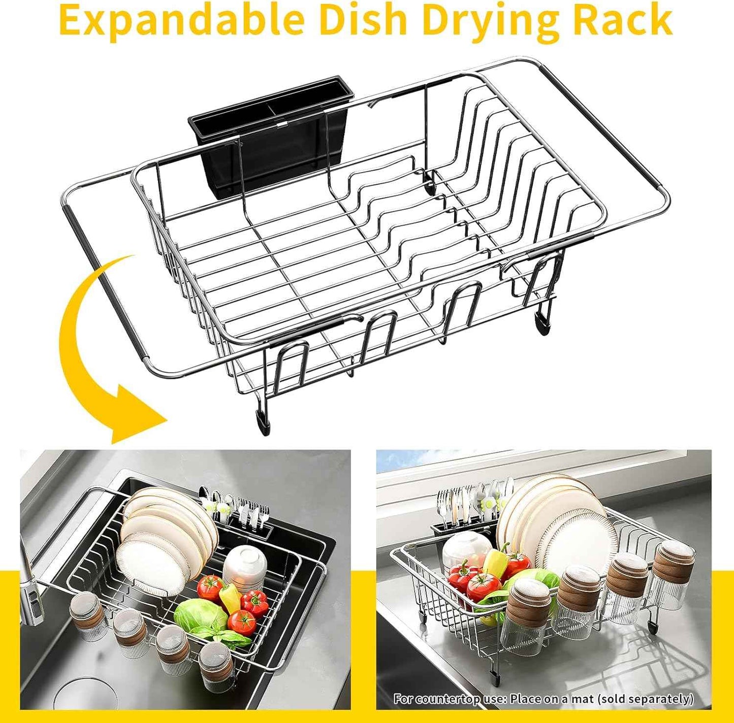 PureBox Expandable Over The Sink Dish Drying Rack - Adjustable Stainless Steel Dish Rack for Kitchen Counter or In-Sink, Heavy-Duty Rust-Proof Space Saving Drainer with Utensil Holder (15.5" to 23.2")
