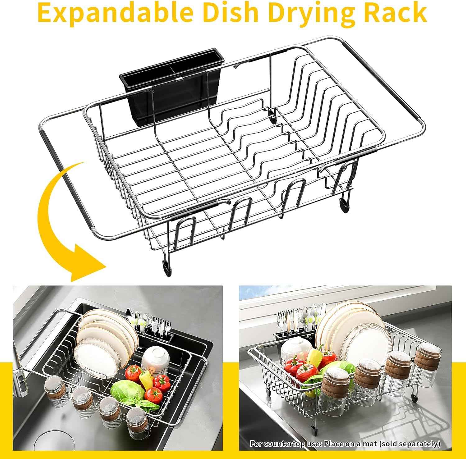PureBox Expandable Over The Sink Dish Drying Rack - Adjustable Stainless Steel Dish Rack for Kitchen Counter or In-Sink, Heavy-Duty Rust-Proof Space Saving Drainer with Utensil Holder (15.5" to 23.2")
