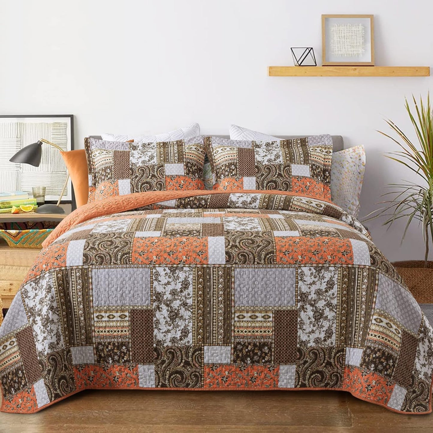 VAPUTAR Quilts King Size - Fall Cotton King Size Quilt Bedding Set, 3 Piece Lightweight Soft King Bedspreads Cotton Boho King Quilt Set, Floral Bedding Set for Farmhouse Bedroom (Dream Orange)