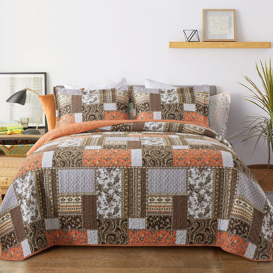 VAPUTAR Quilts King Size - Fall Cotton King Size Quilt Bedding Set, 3 Piece Lightweight Soft King Bedspreads Cotton Boho King Quilt Set, Floral Bedding Set for Farmhouse Bedroom (Dream Orange)