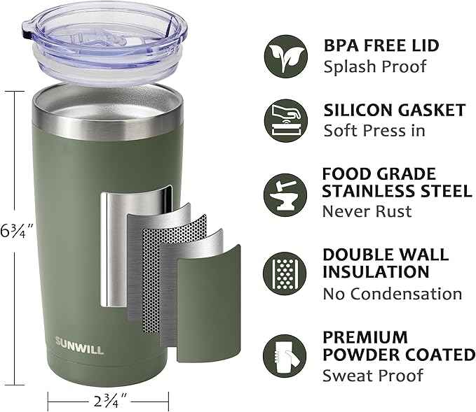 SUNWILL Travel Coffee Tumbler 20 oz, Insulated Mug with Lid, Stainless Steel Iced Cup for Outdoor, Powder Coated Camp Green