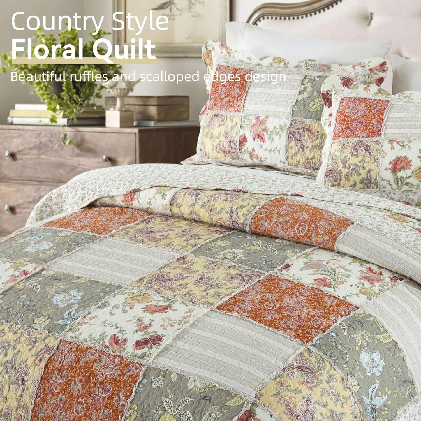 Yvooxny 3-Piece Quilt Set Queen Size Quilted Bedspread Reversible Country Style Floral Real Patchwork Bedding Quilt Set with Ruffles with Pillowcases for All Seasons, 98 * 90 Inches