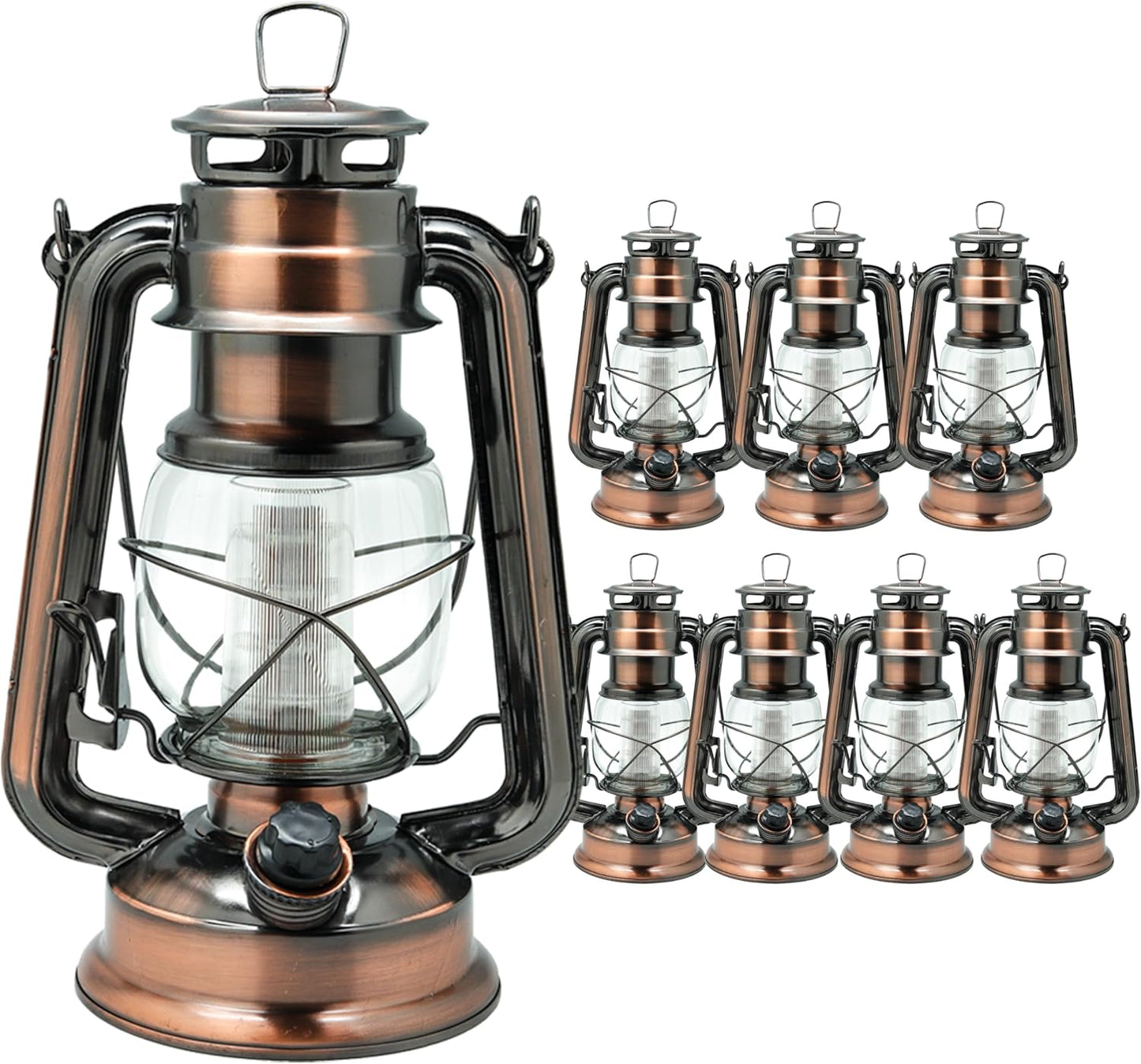 YAKii LED Vintage Lantern Metal Hanging Hurricane 12 LED Dimmer Switch Warm White Battery Operated Lantern Power Outage Indoor Camping Lighting Outdoor Brooklyn Decoration(Copper Pack of 8)