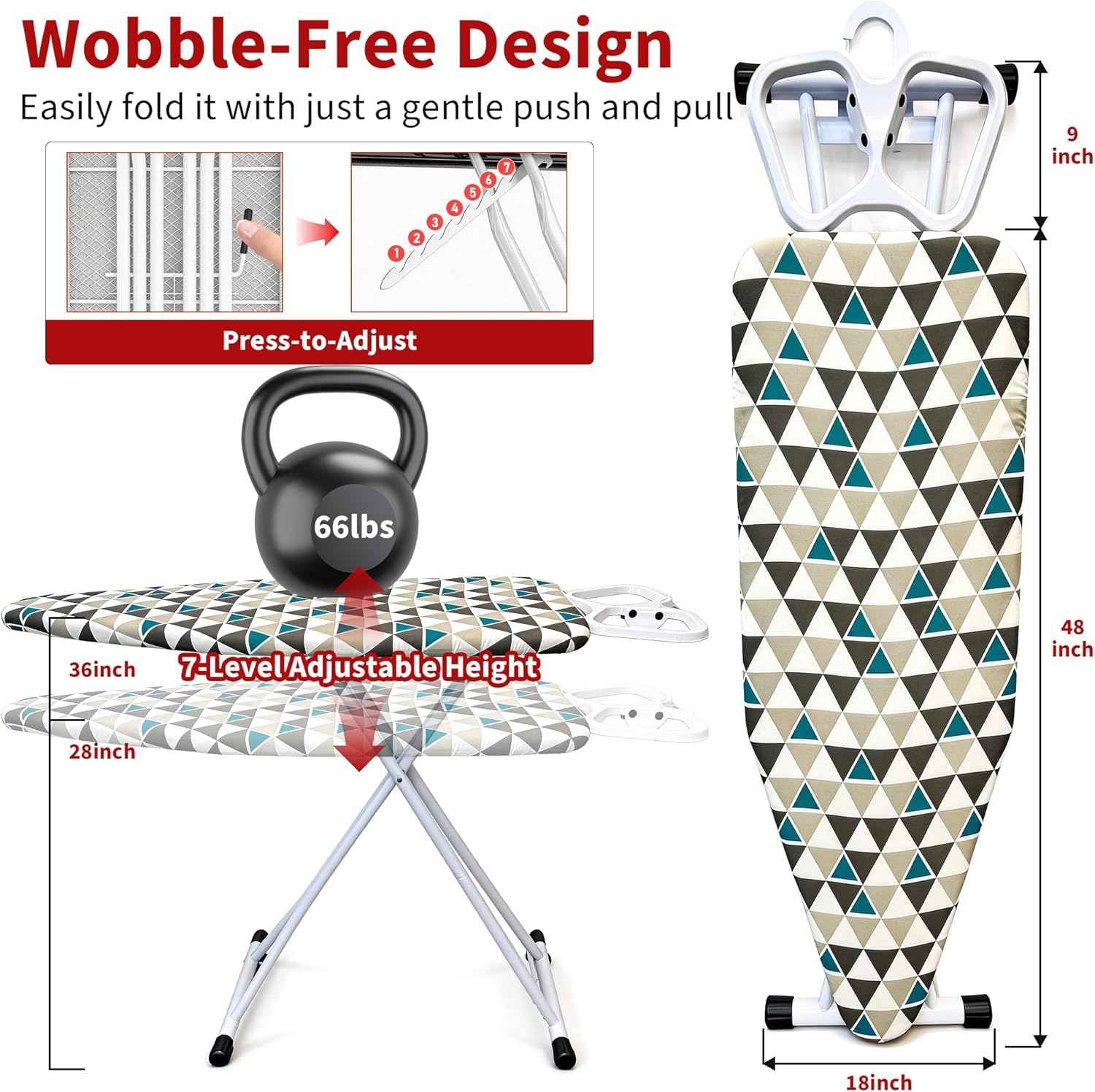 Extra Size Ironing Board with Built-in Hook, Iron Rest, 7 Adjustable Heights, 48" ×18" Large Size Iron Board with 4-Layer Heat Resistant Cover and Pad for Home Apartment Laundry, Gray