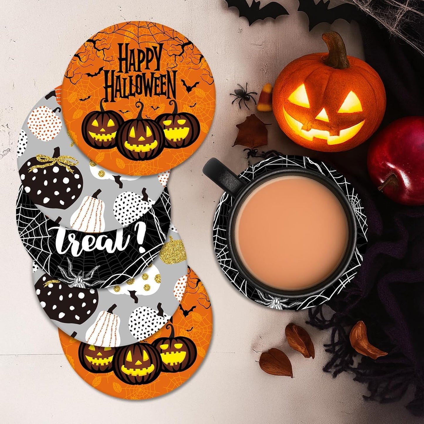 Coaster for Drinks Set of 6, Happy Halloween Trick or Treat Pumpkin Absorbent Round Ceramic Stone Mat, with Cork Base and Metal Holder, Gift for Housewarming Room Bar Decor