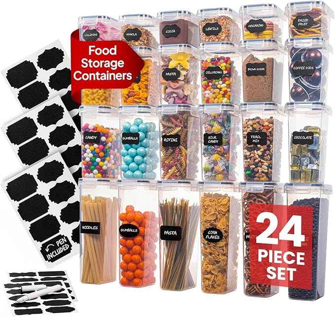 Oizeir Airtight Food Storage Containers Set - Air Tight with Lids - Pasta Flour Sugar Cereal - Storage Containers for Food (Clear-24 Pack)