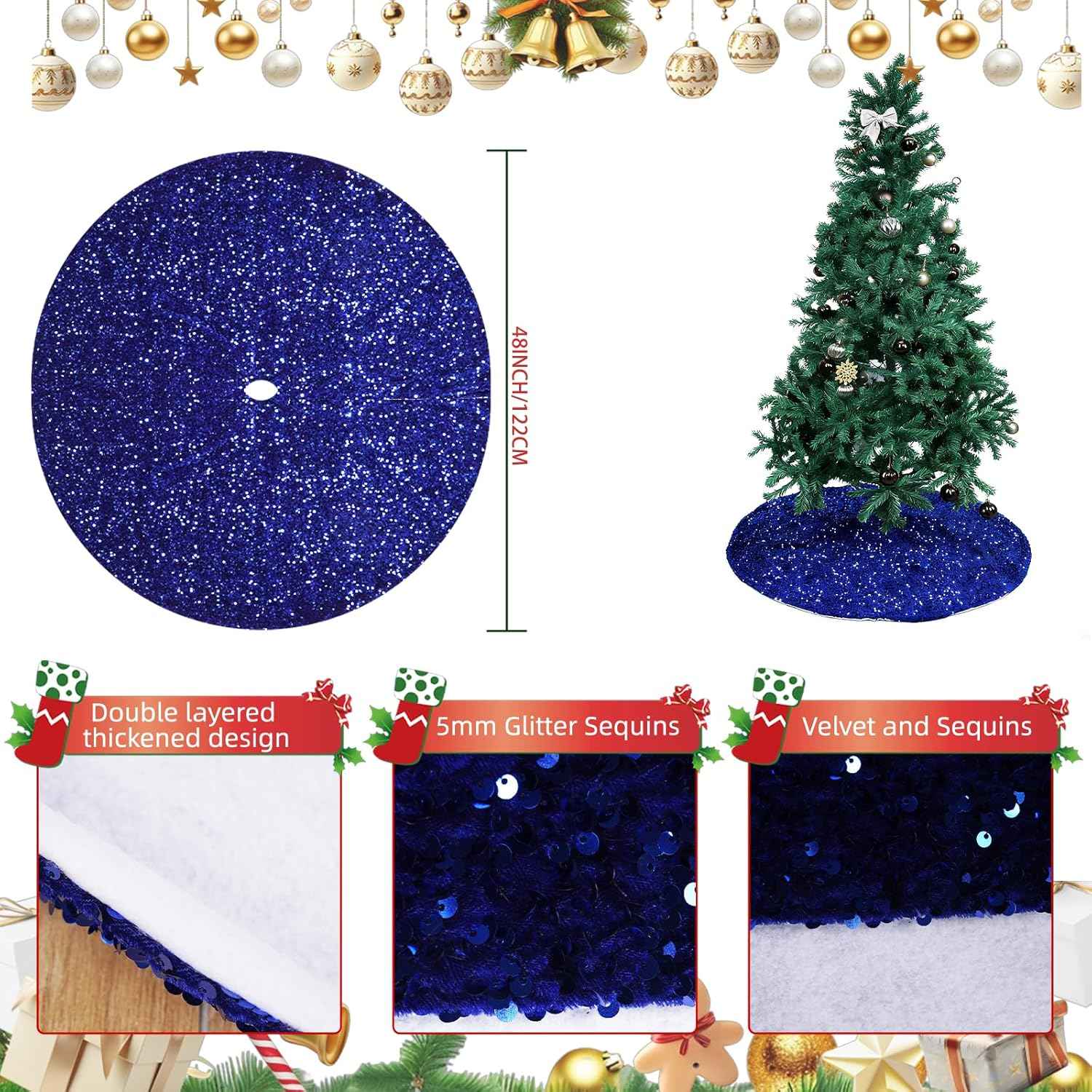 Christmas Tree Skirt 48 Inch, Blue Sequin Christmas Trees Skirt, Large Sparkle Xmas Tree Stand Base Used for Christmas Holiday Indoor Home Decoration