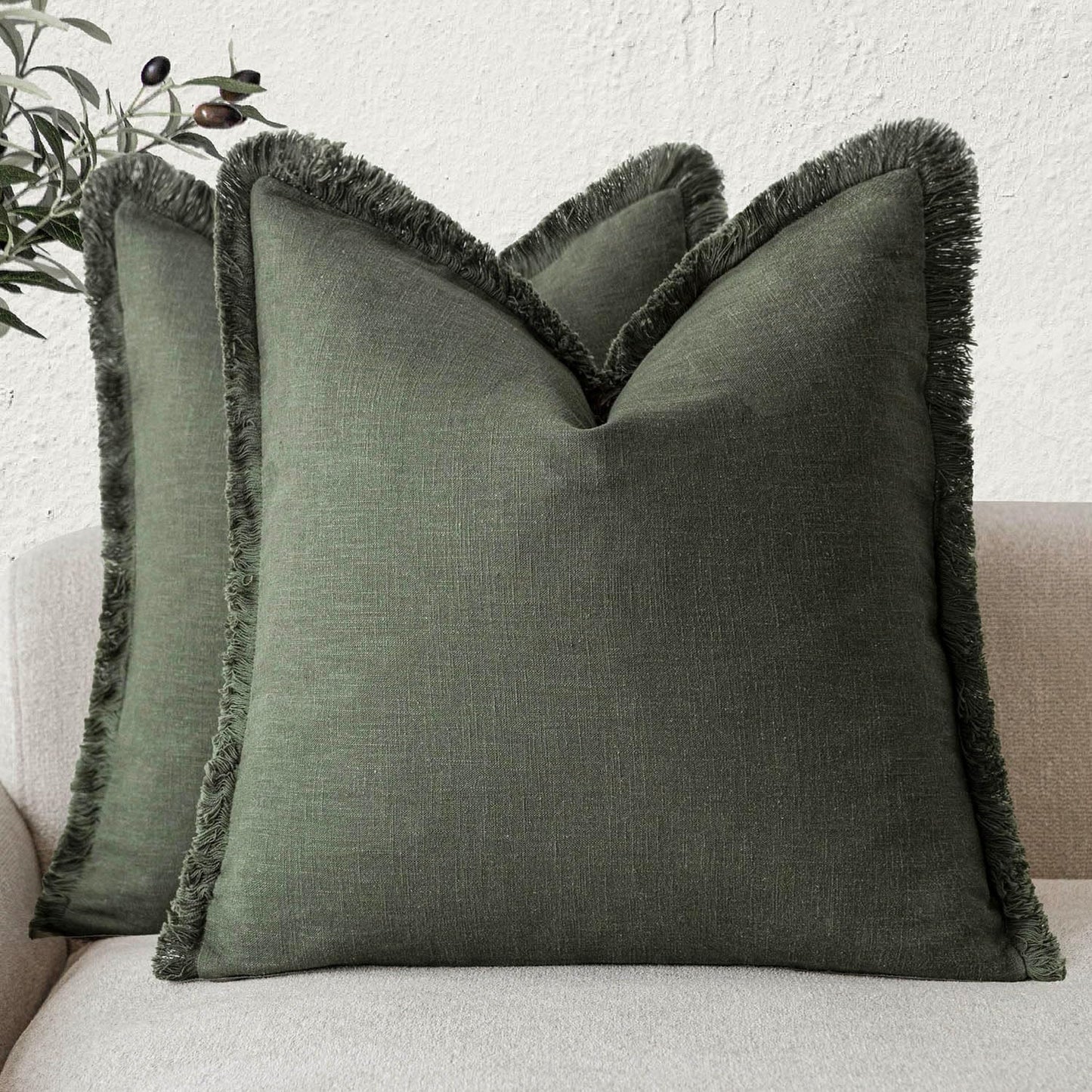 Foindtower Set of 2 Decorative Linen Fringe Throw Pillow Covers Cozy Farmhouse Cushion Cover with Tassels Accent Pillowcase for Couch Chair Sofa Bed Living Room Home Decor,16×16 Inch,Dark Olive Green