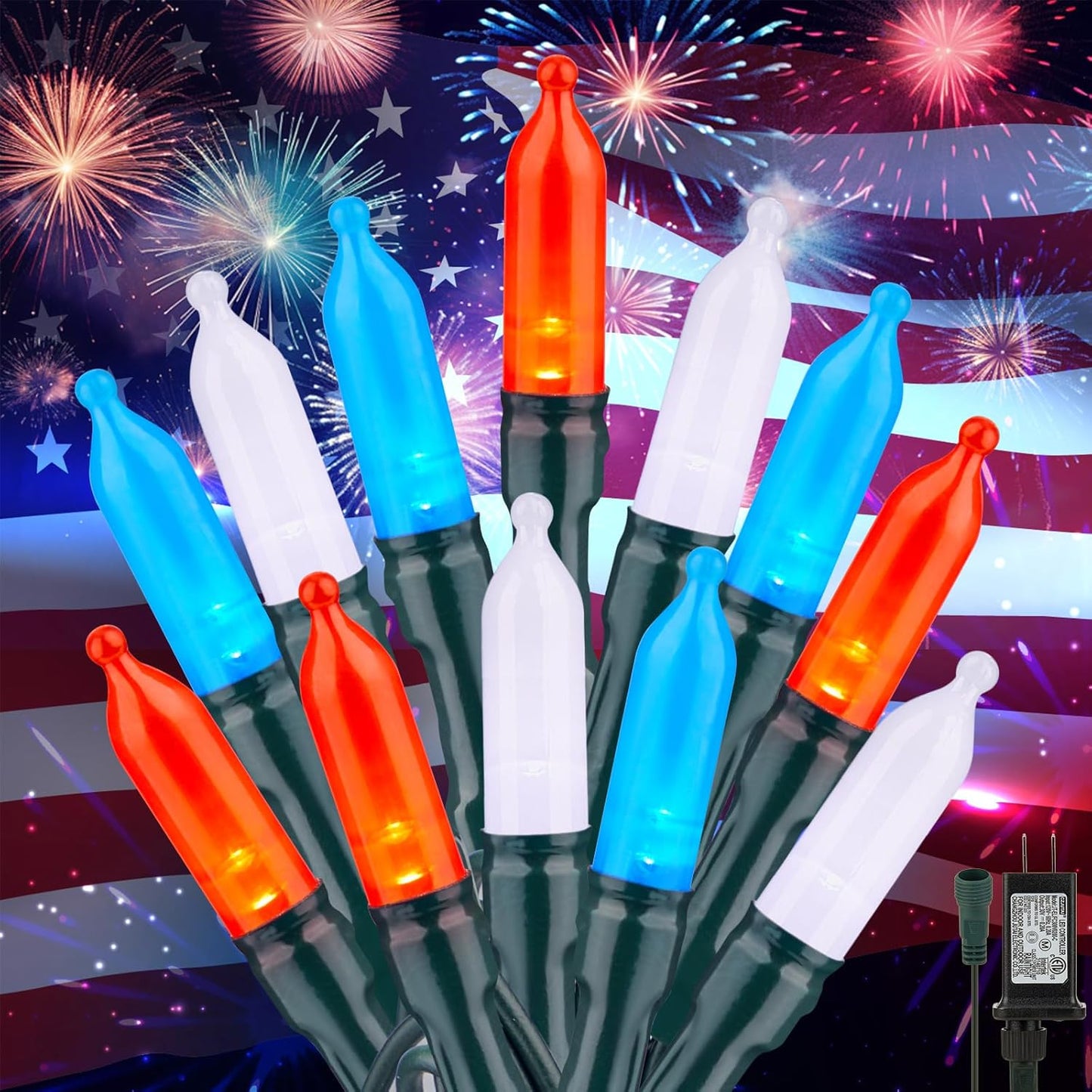 Red White Blue LED Lights - 100 Count 4th July Decoration Connectable Patriotic Mini String Lights Waterproof for Indoor Outdoor Xmas Holiday Party Patio Independence Day Decoration