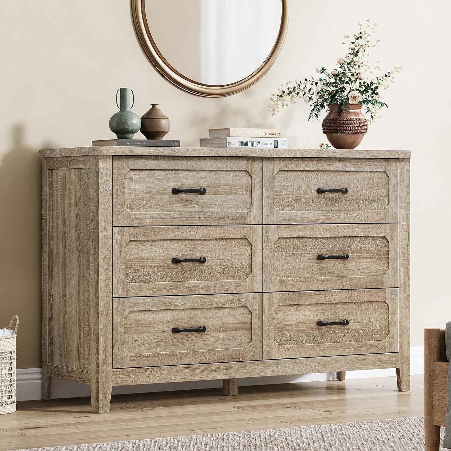 Farmhouse 6 Drawer Dresser for Bedroom, 48'' Wide Chest of Drawers with Metal Handles, Wood Dresser TV Stand, Rustic Storage Organizer for Closet, Living Room, Grey Oak
