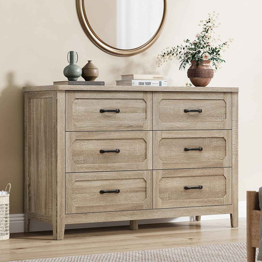 Farmhouse 6 Drawer Dresser for Bedroom, 48'' Wide Chest of Drawers with Metal Handles, Wood Dresser TV Stand, Rustic Storage Organizer for Closet, Living Room, Grey Oak