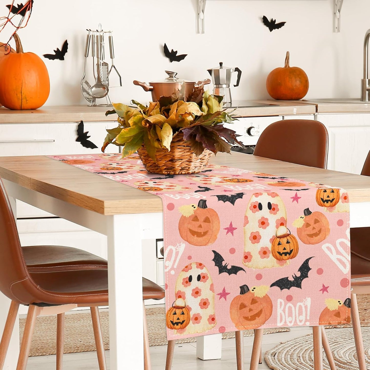 AnyDesign Halloween Table Runner Pink Spooky Ghost Pumpkin Table Cover Kitchen Dining Table Decoration Pink Halloween Table Dresser Scarves for Indoor Outdoor Home Party, 13 x 72 Inch