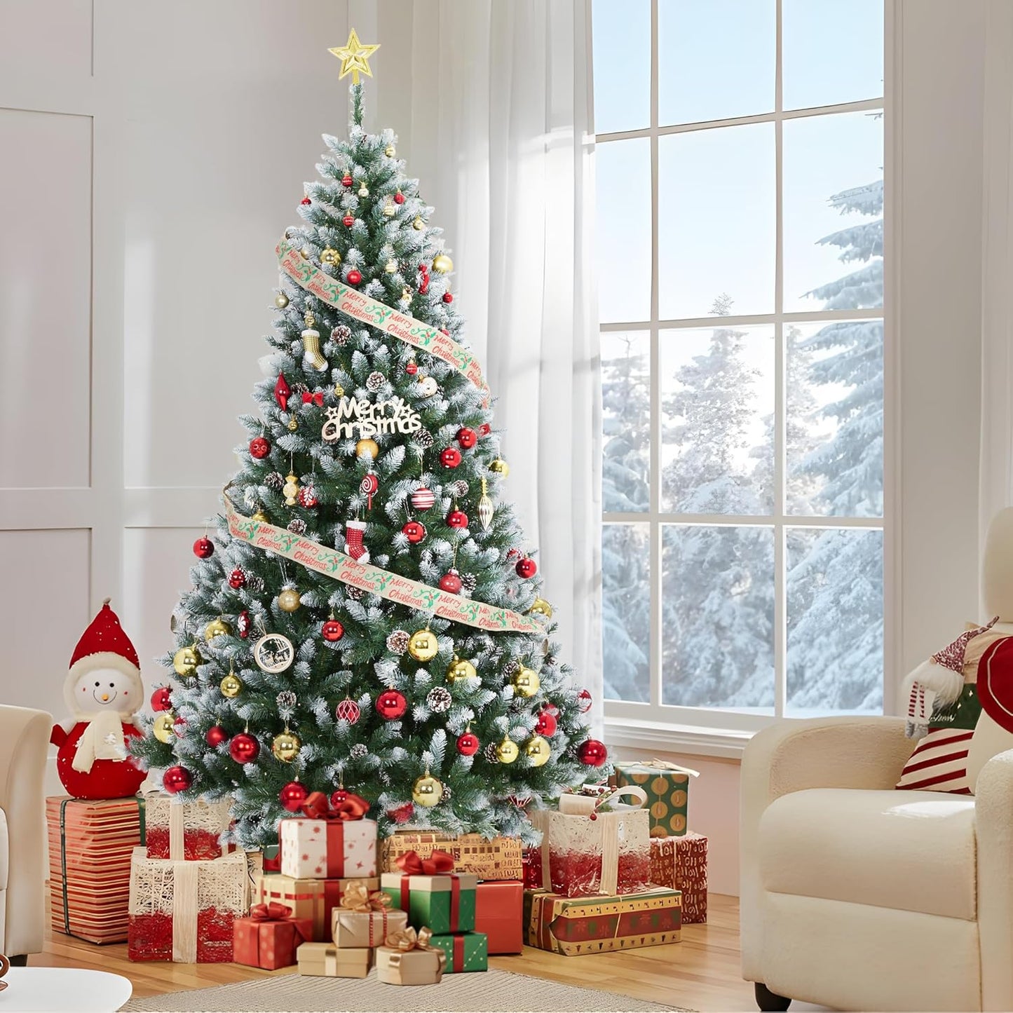 9 ft Christmas Tree, Christmas Decorations with 900 Lights, Pre-lit Artificial Christmas Tree with 1800 Snowy White PVC Branches, Flodable Metal Stand＆Easy Assembly