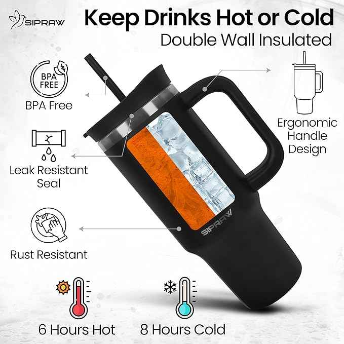30oz Tumbler with Handle and Straw Insulated Stainless Steel Travel Mug Vacuum Double Wall Coffee Cup Leak Resistant Lid BPA-Free Cup Holder Friendly for Hot & Cold Drinks, Black