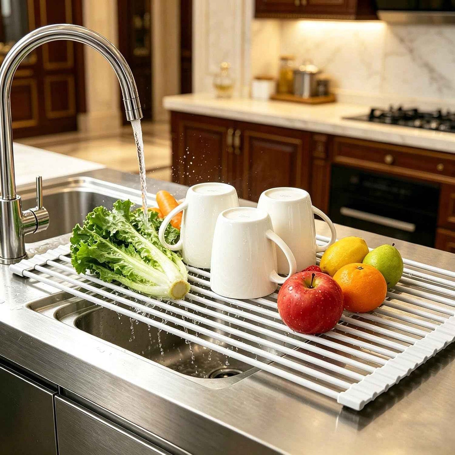 Ahyuan Large Roll up Dish Drying Rack Silicone Foldable Rack Over Sink Dishes Drainer Roll-up Sink Drying Racks Full Silicone Coated Stainless Still Dish Drying Rack (Warm Grey, 17.7''X13.13'')