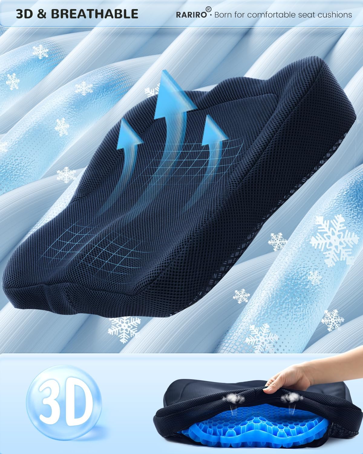 Gel Seat Cushion for Long Sitting(Enlarged & Thickened), Cooling Pressure Relief Seat Cushion for Wheelchair, Driving, Kayak, Office Desk Chair Seat Pad Gel for Heavy People[Blue-19.7" Large]