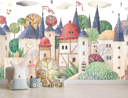 AFZEVEB-Cartoon Watercolor House Nursery Wallpaper Wall murals for Kids Room 136"x96" (Not Peel and Stick)
