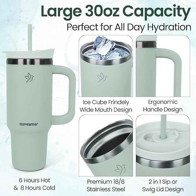 30oz Tumbler with Handle and Straw Insulated Stainless Steel Travel Mug Vacuum Double Wall Coffee Cup Leak Resistant Lid BPA-Free Cup Holder Friendly for Hot & Cold Drinks, Pastel Green