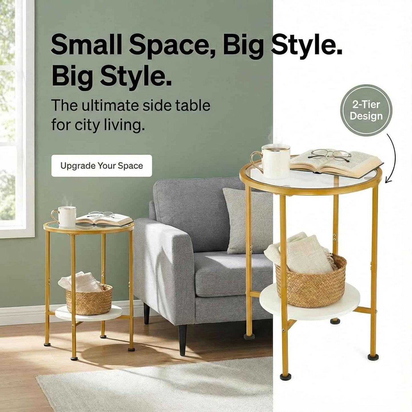 Round Gold Side Table, 2 Tier Tempered Glass Top End Table with White Storage Shelf for Living Room,Modern Small Nightstand for Bedroom,Metal Accent Bedside Table for Small Spaces