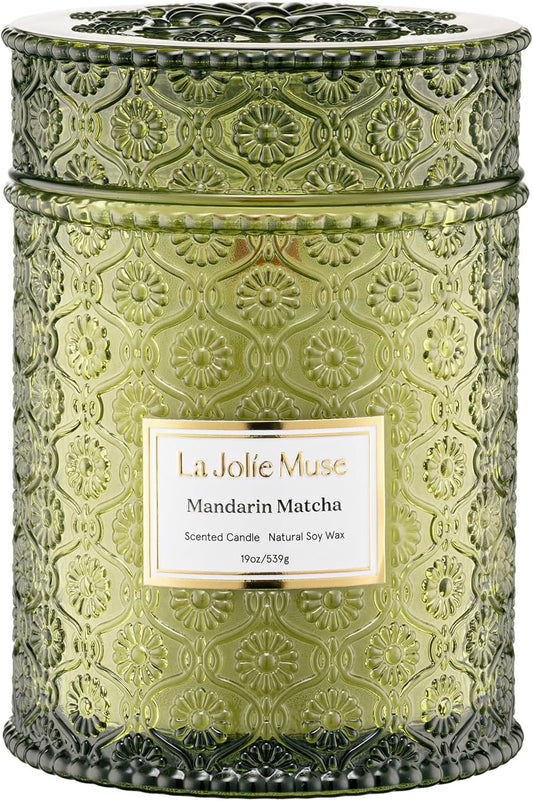 LA JOLIE MUSE Mandarin Matcha Candle - Bergamot, Matcha, Cedarwood | 19 oz Large Wooden Wick Candles | Natural Soy Wax | 90 Hours Clean Burn | Fresh Citrus Candle | Gift-Ready for Hosts