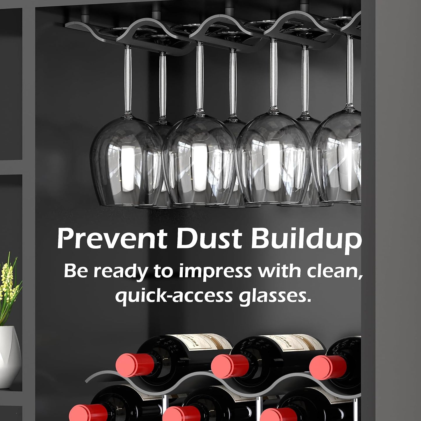 Bariboo Wine Glass Storage Case – Hang 8-12 Glasses on Your 18.7 x 9 x 1.7 In., Dust-Free Wine Glass Holder – Under-Shelf & Under-Cabinet Wine Glass Holder Rack with Assembly Manual & Video