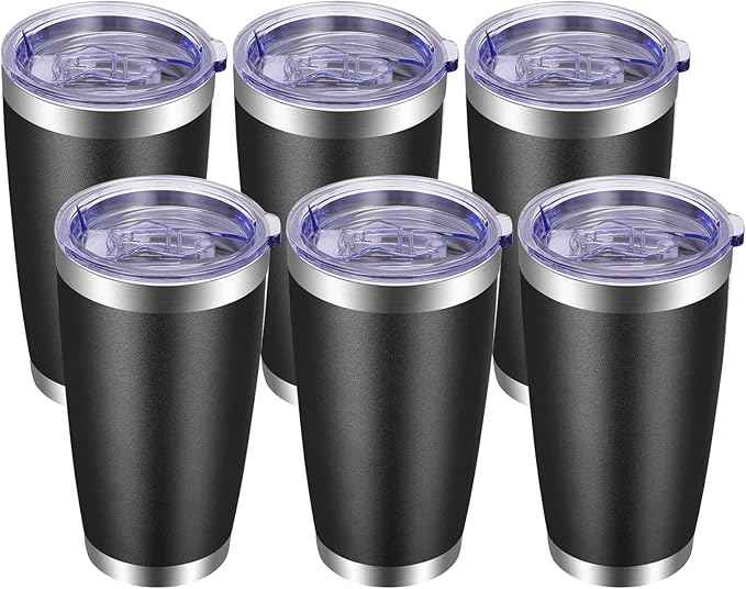 VEGOND 20oz Tumbler with Lid and Straw Stainless Steel Tumbler Cup Bulk Vacuum Insulated Double Wall Travel Coffee Mug Powder Coated Coffee Cup, Black, 6 Pack