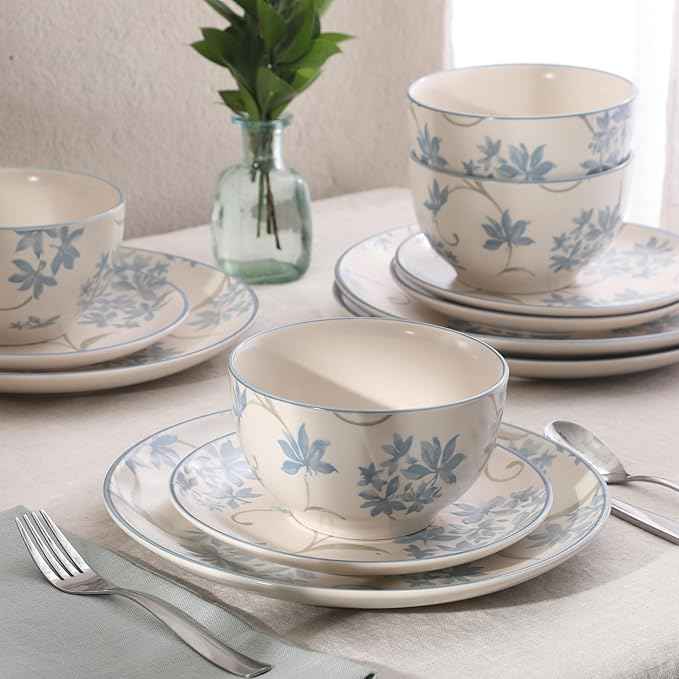 Gibson Home Admiral Hall 12-Piece Matte Stoneware Dinnerware Set – Dinner Plates, Salad Plates & Bowls with Blue Floral Pattern, Durable Everyday Dish Set, Microwave & Dishwasher Safe
