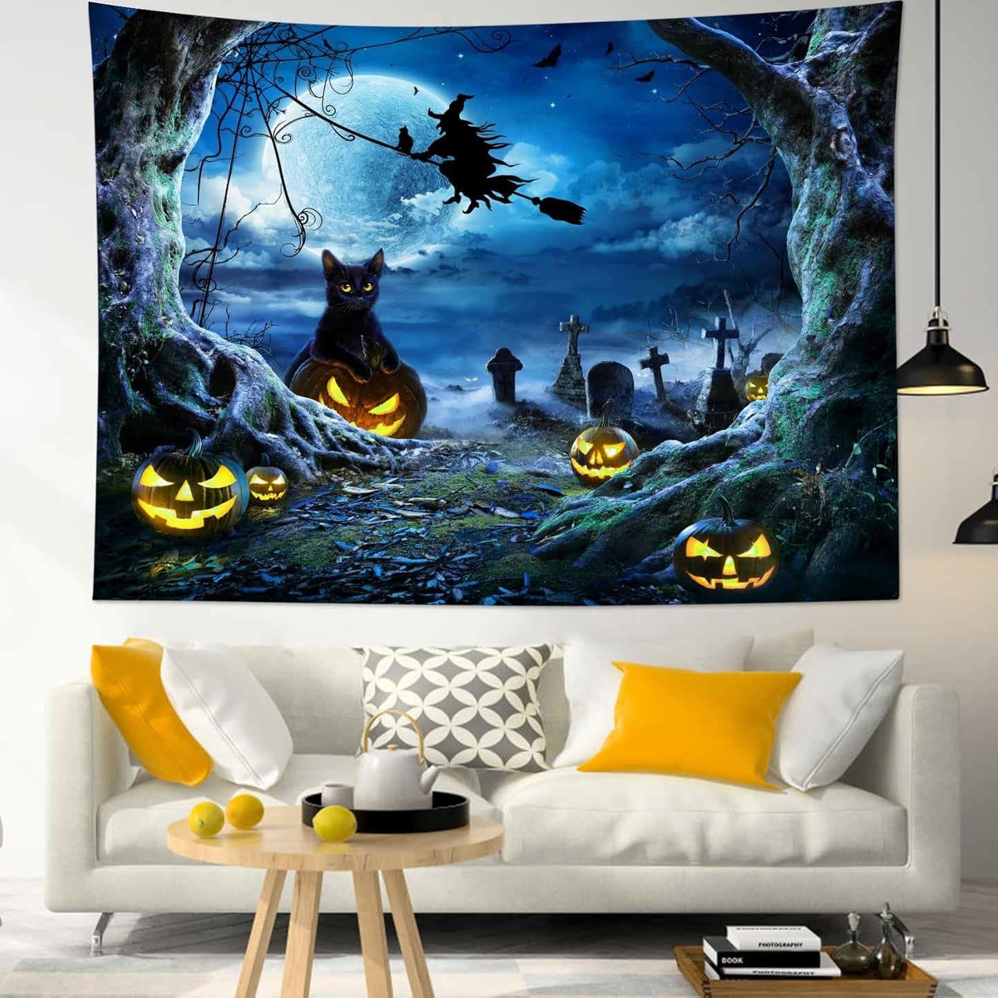 LB Halloween Wall Tapestry 92.5x70.9 Inch - Spooky Graveyard Scene with Witch, Black Cat, Pumpkin, Full Moon & Dead Tree Decor for Bedroom, Living Room, Dorm, Party