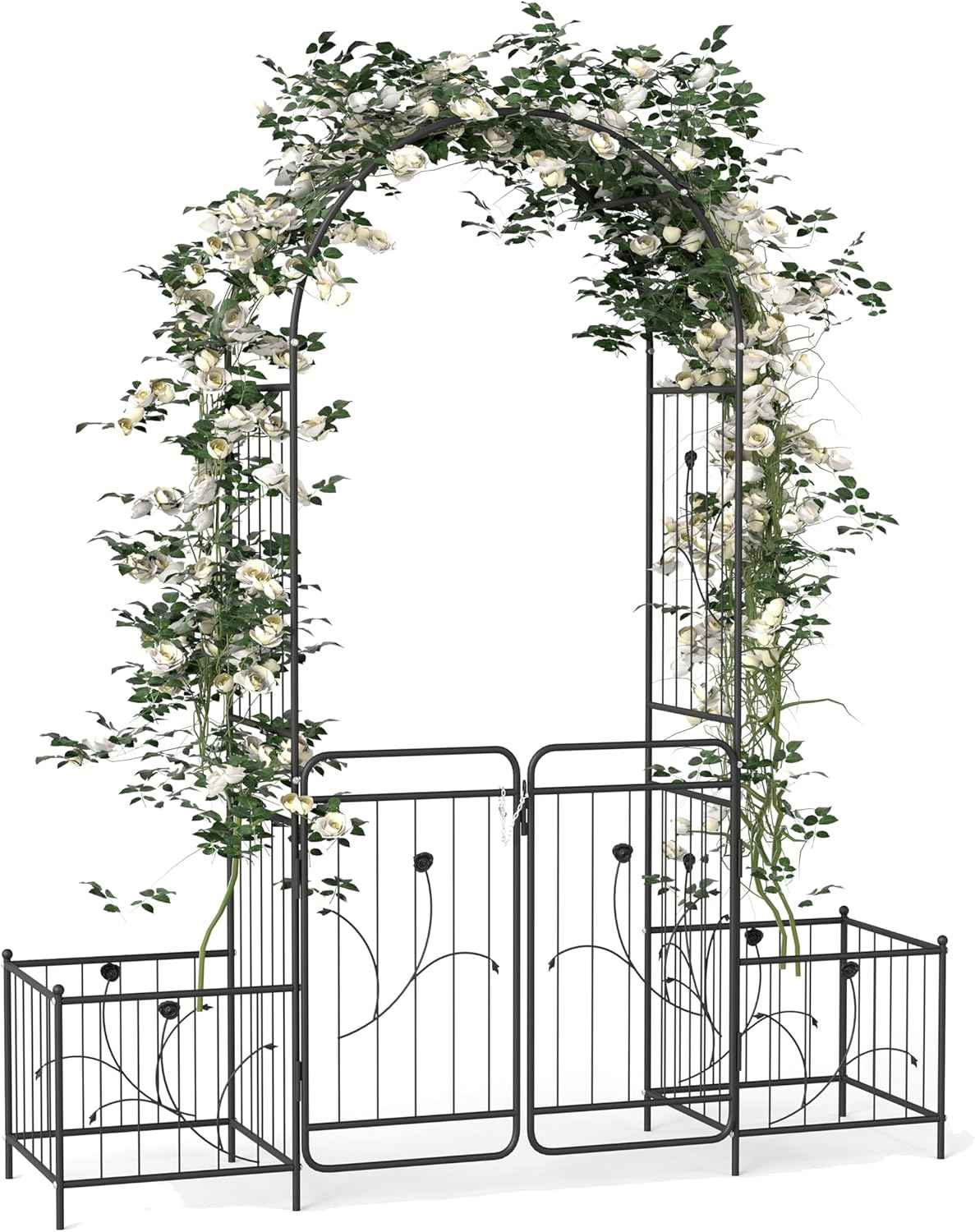 86.6" H Metal Garden Arbor with Gate & Planter Boxes, Black Arch Trellis for Climbing Plants Roses Vines, Outdoor Wedding Archway for Lawn Patio Backyard