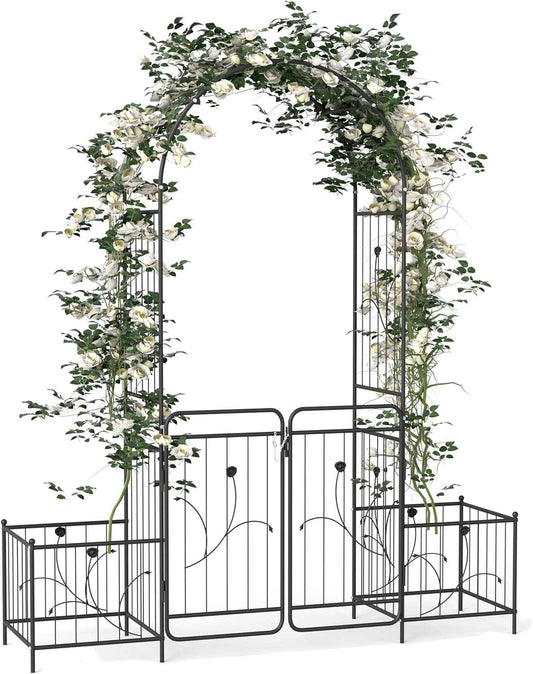 86.6" H Metal Garden Arbor with Gate & Planter Boxes, Black Arch Trellis for Climbing Plants Roses Vines, Outdoor Wedding Archway for Lawn Patio Backyard