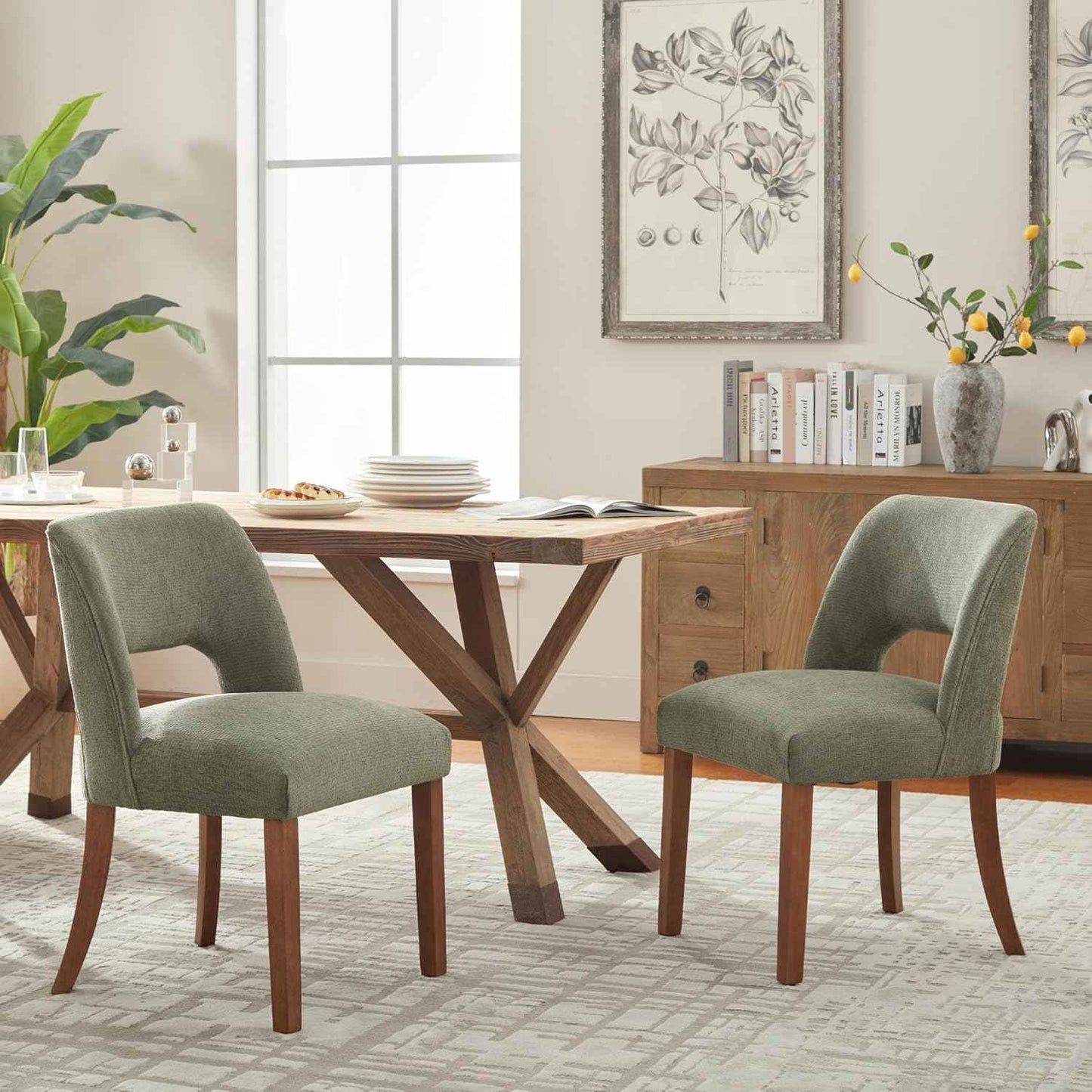 VKNOW Wooden Dining Chairs Set of 4, Modern Fabric Upholstered Dining Room Chair Kitchen Chairs, Farmhouse Dinner Chair for Kitchen Dining Room, Green