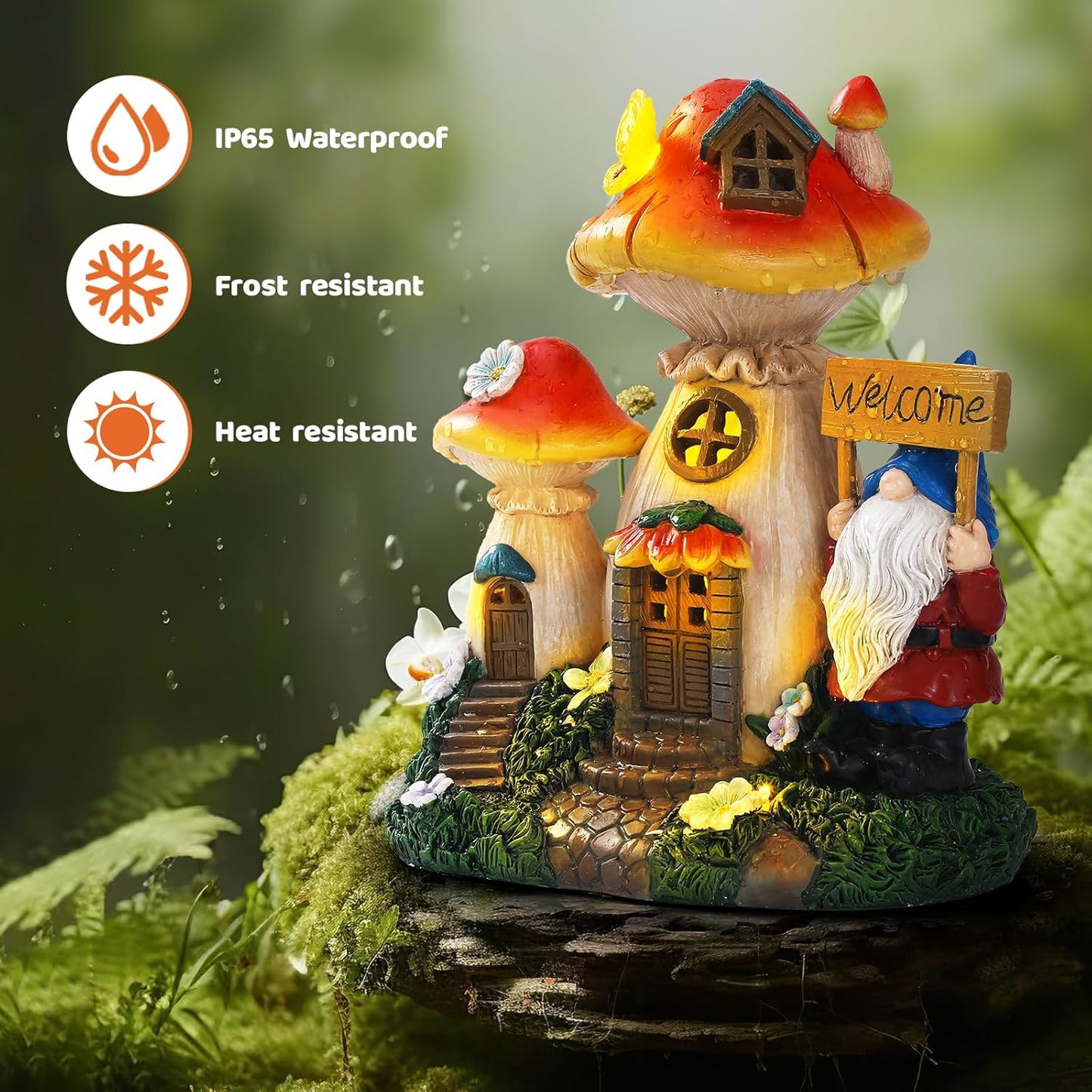 Solar Garden Statue Lights Mushroom Fairy House Figurine, Outdoor Memorial Garden Ornaments Waterproof Decoration for Outside Patio Yard Lawn Decor