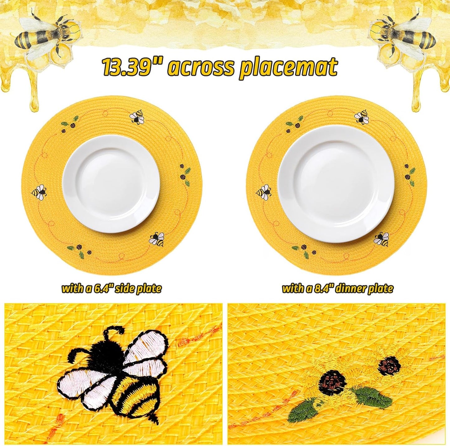 Whaline 4Pcs Round Placemats Bee Sunflower Embroidered Place Mats Bee Floral Dinner Table Mats for Home Spring Summer Holiday Birthday Baby Shower Party Decor