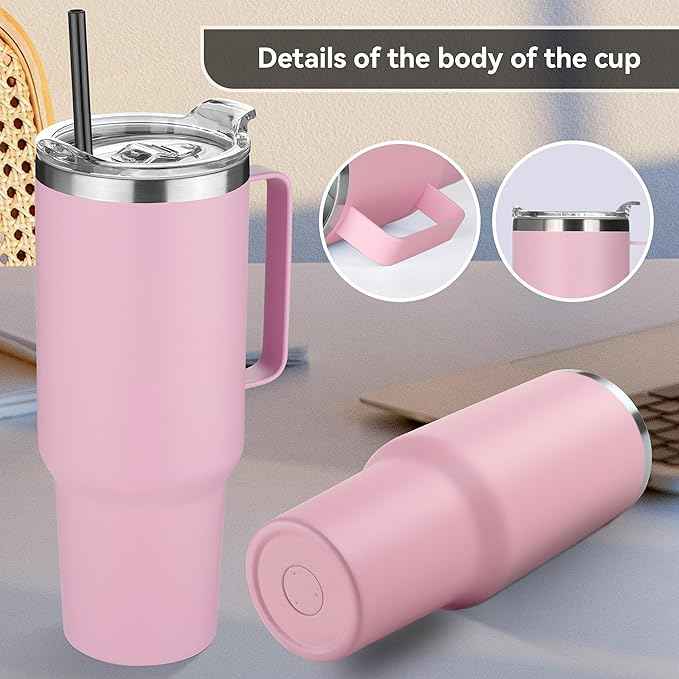 HASLE OUTFITTERS 40 oz Stainless Steel Tumbler with Handle, Vacuum Insulated Tumblers Bulk, Reusable Double Wall Travel Coffee Mug, Durable Powder Coated Water Bottle(Pink, 4)