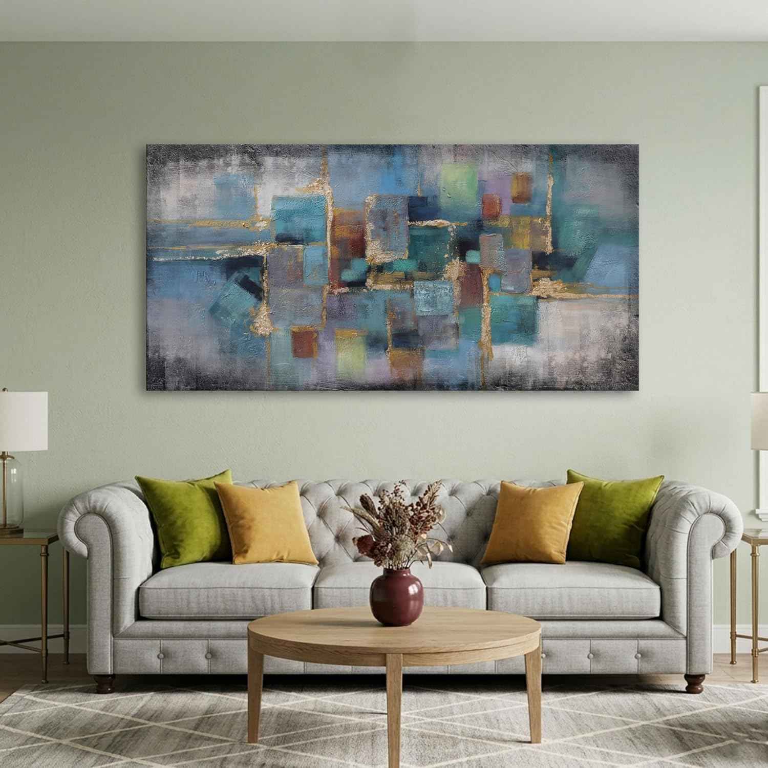 Blue and Gold Abstract Canvas Wall Art - Modern Framed Pictures for Living Room, Bedroom, Office - Large Black Framed Wall Decor - Large Extra Contemporary Artwork for Walls 24×48IN