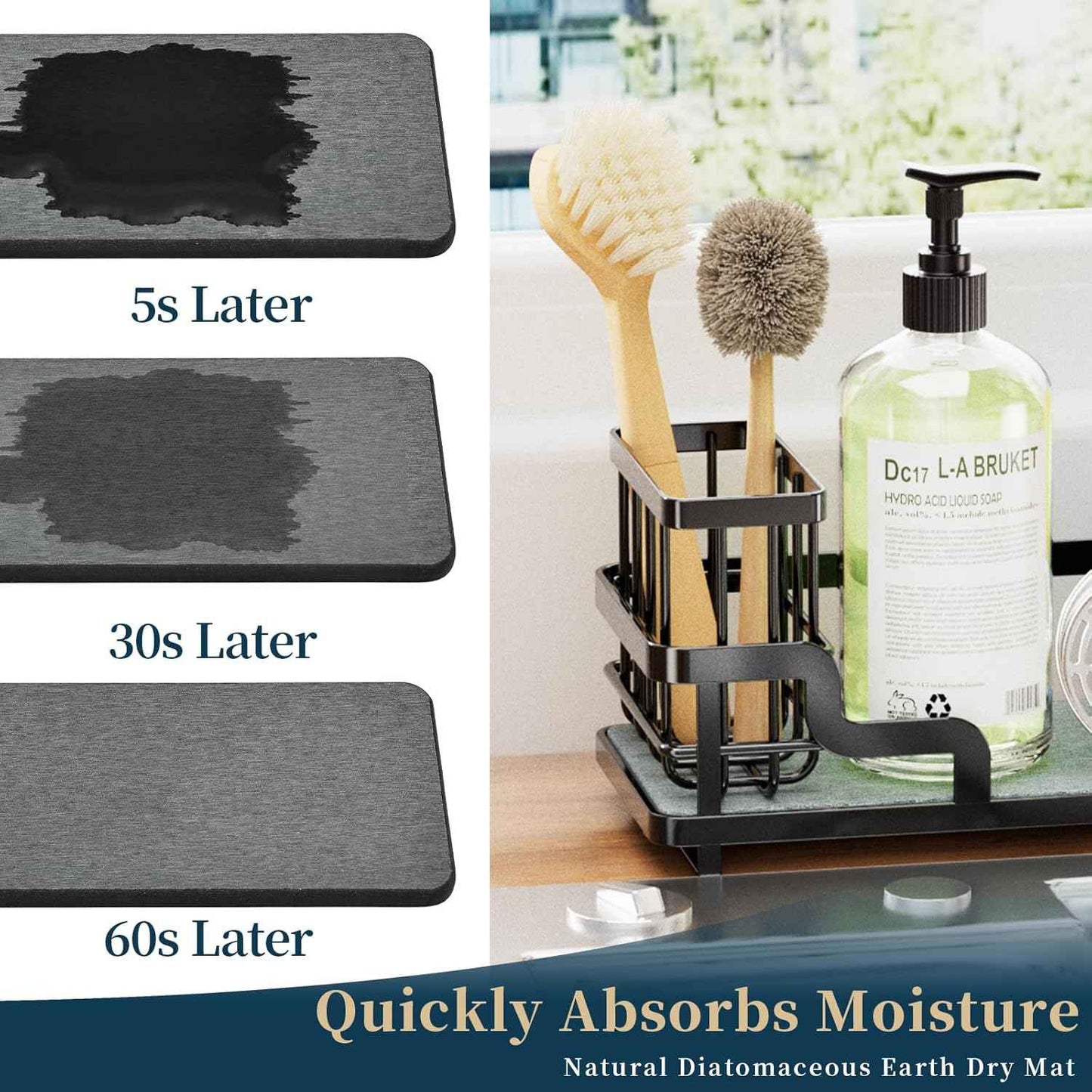 Consumest Sponge Holder for Kitchen Sink - Sink Caddy Organizer with Water Absorbing Stone Tray, Detachable Brush Holder, Stainless Steel Kitchen Counter Organizer Rack, Black