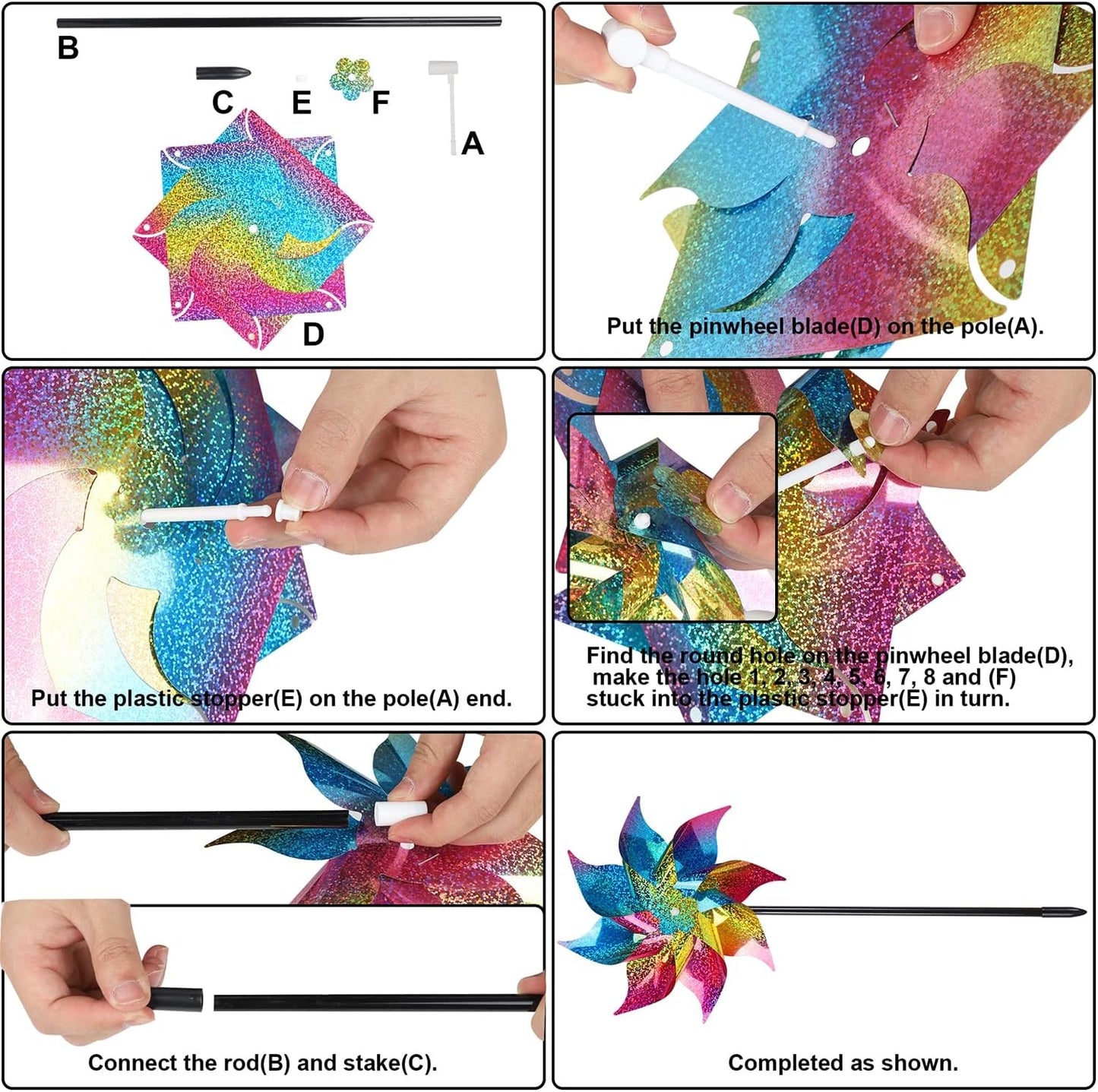 Hausse 10 Pack Reflective Pinwheels Wind Spinner, Extra Sparkly Rainbow Pinwheel with Stakes, Bird Repellent Blinder Devices Deterrent to Scare Birds Away from Yard Patio Farm Garden, Colorful