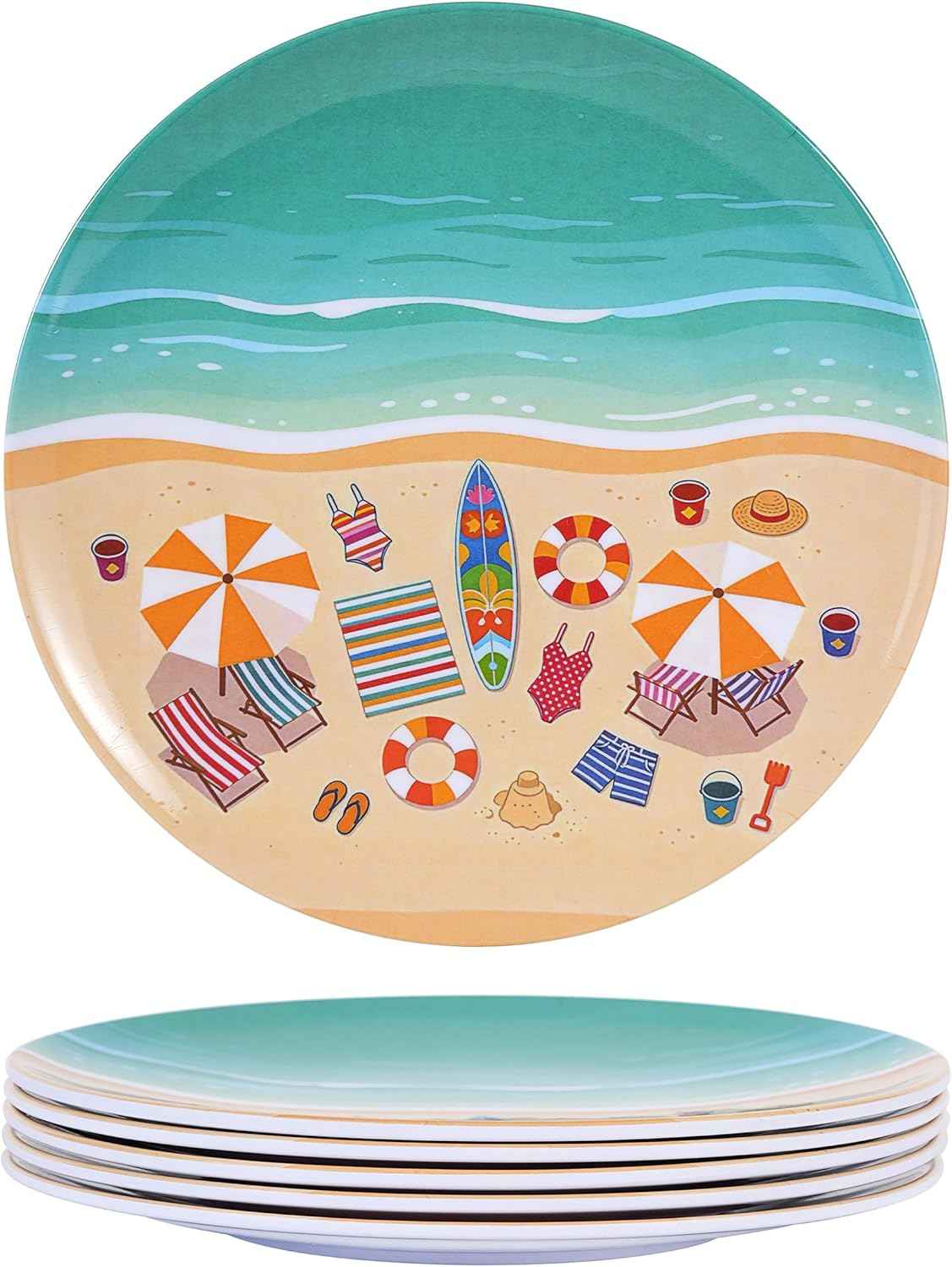 Melamine Plates Set of 6, 10-Inch Unbreakable Melamine Dishes, Reusable Dinner Plates Set, Dishwasher Safe Outdoor Dinnerware for for Poolside, Picnic, RV,Camping Party（Summer Beach ）
