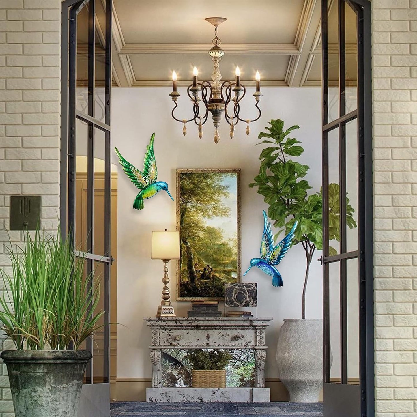 HONGLAND Metal Hummingbird Wall Art 15inch Metal Birds Wall Sculpture Garden Decoration Outdoor Statue Patio Fence Hanging Plaques 2 Pack