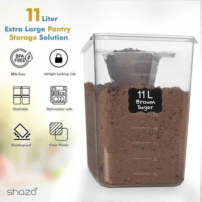 Shazo 2 PC (11L | 372 oz) Flour Sugar Storage Containers with Easy Carry Handle - Plastic Extra Large Food Storage Containers with Lids for Rice Cereal, BPA Free & Airtight Kitchen Pantry Organization