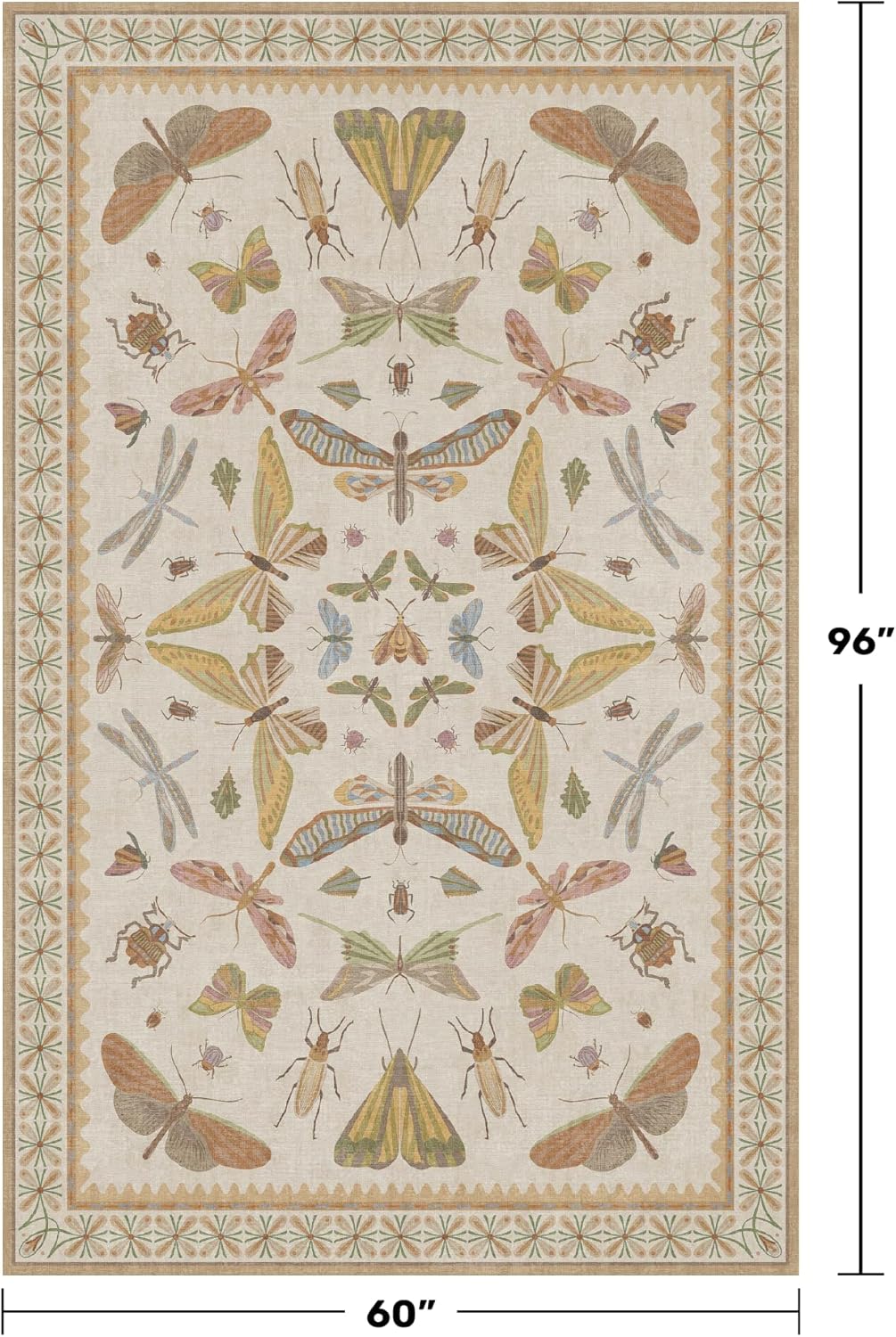 Washable Neutral Area Rug Living Room, 5x8 Washable Rugs for Bedroom Under Bed, Nursery Room, Boho Vintage Insect Butterfly Non-Slip Low Pile Stain Resistant - Beige/Yellow