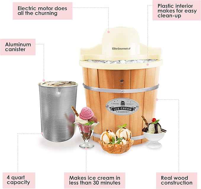Elite Gourmet EIM-924LX 4 quart Old Fashioned Electric Ice Cream Maker, Pine Bucket