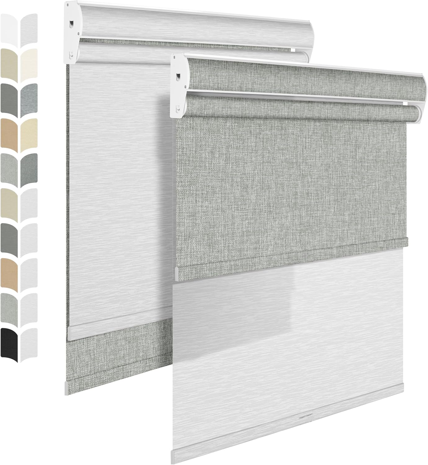 BERISSA Cordless Dual Roller Shades with Cassette Valance,Double Window Shades Blackout and Light Filtering Shades,Day and Night Roller Shades for Home Office Door.Linen Grey and White.37 W x 64" H