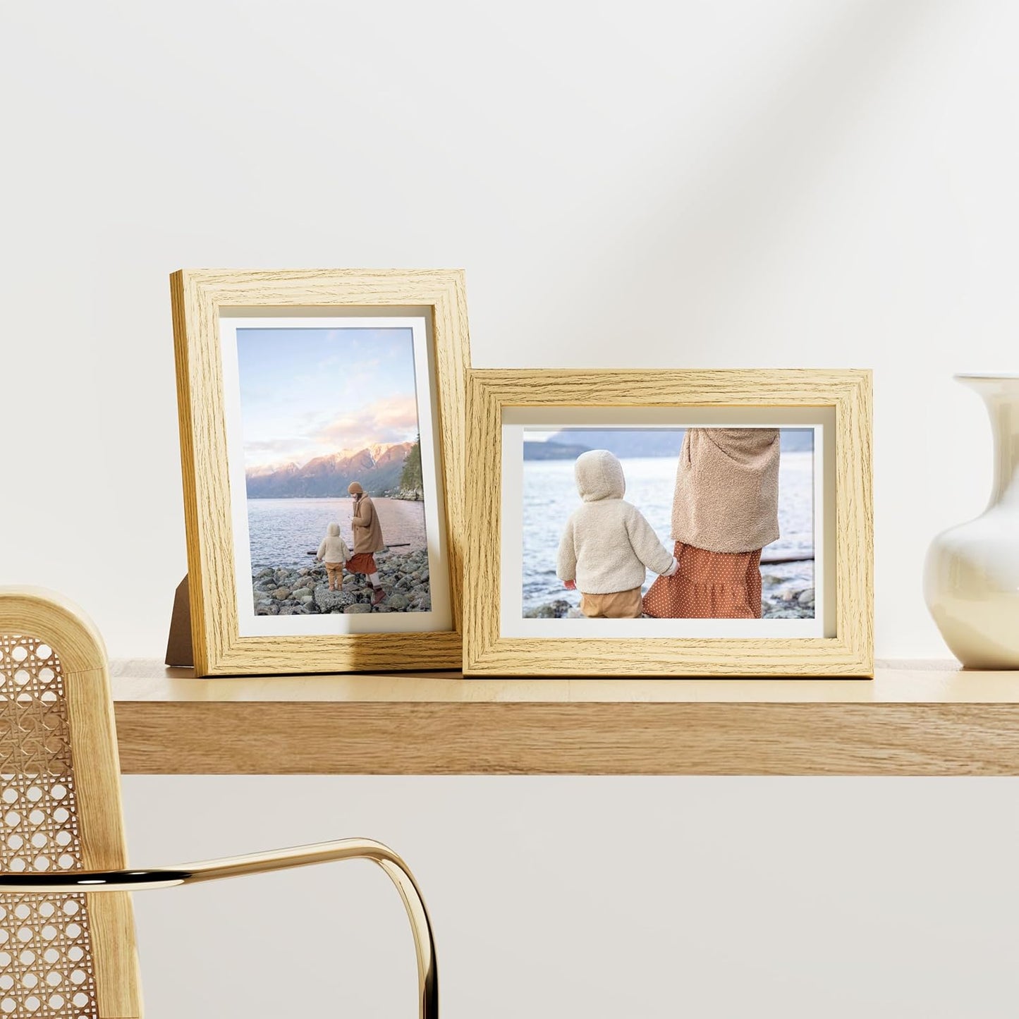 Vittanly 5x7 Picture Frames Set of 9, Shatter Resistant Plexiglass, Display 4x6 Pictures with Mat or 5x7 without Mat, Photo Frames for Wall or Tabletop, Engineered Wood, OAK