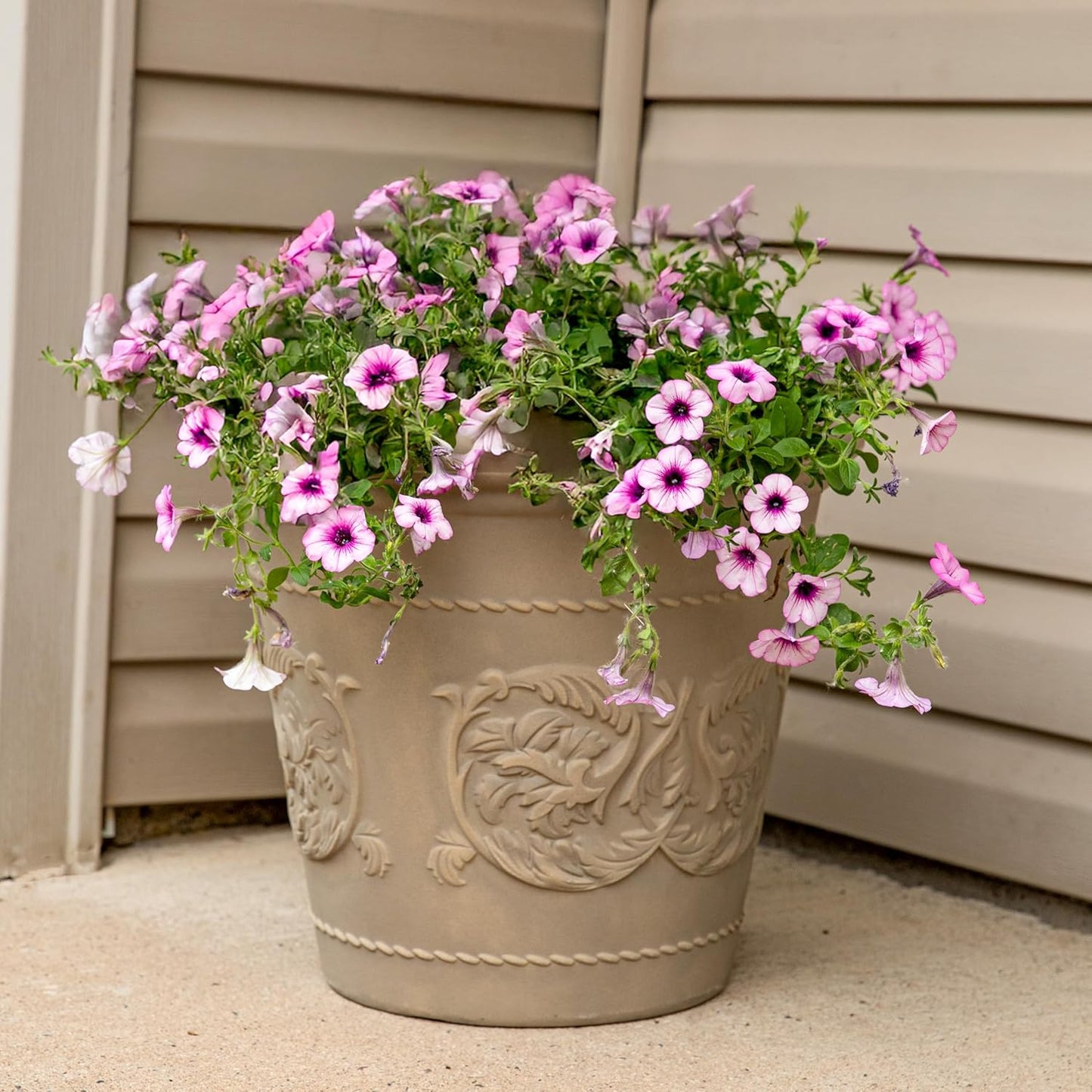 Sunnydaze 19.5-Inch Arabella Large Plastic Pot for Plants - Outdoor Double-Walled Polyresin Large Plastic Planter with Drillable Drainage Holes - Beige