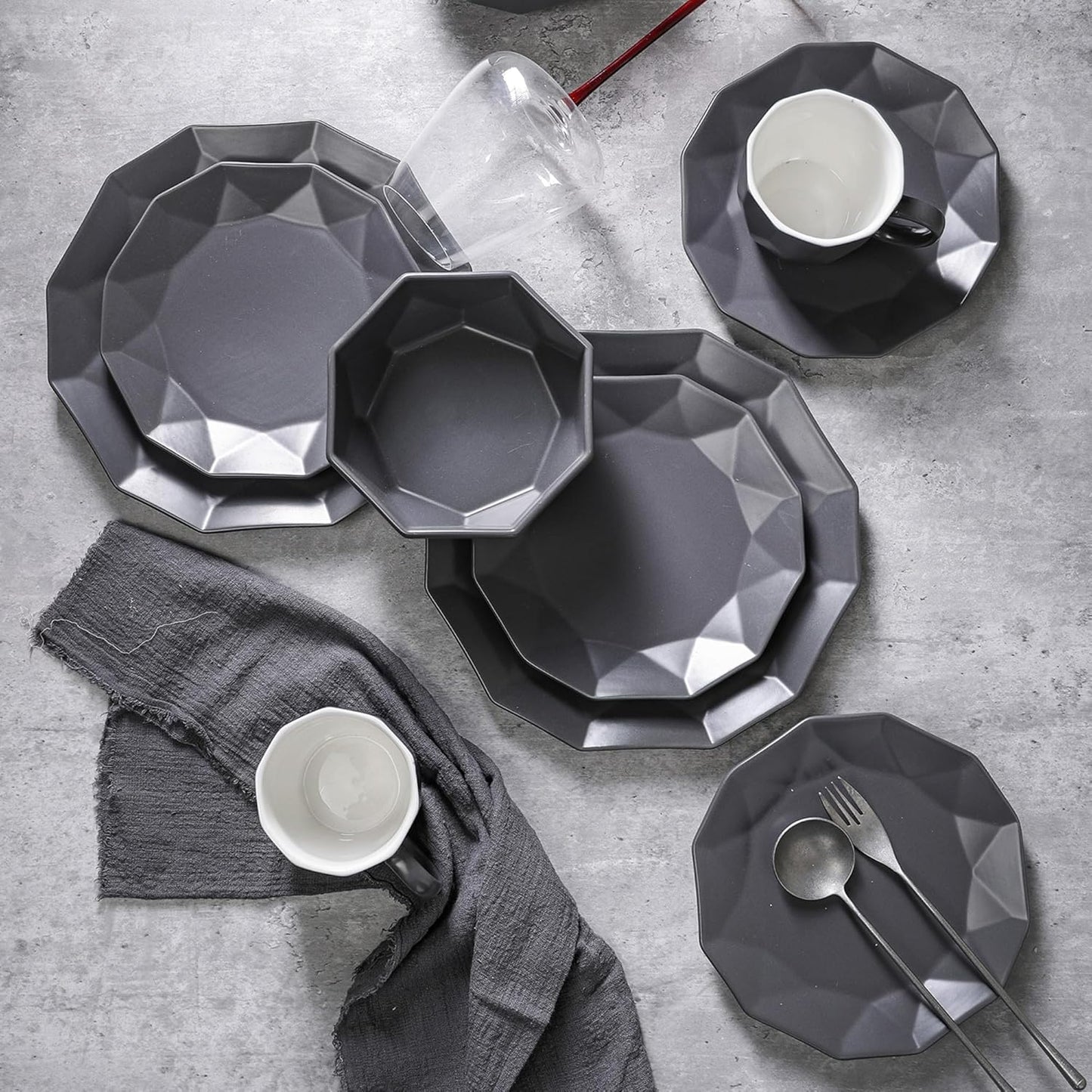 Stone + Lain Jamie Porcelain 32-Piece Geometric Dinnerware Set, Grey