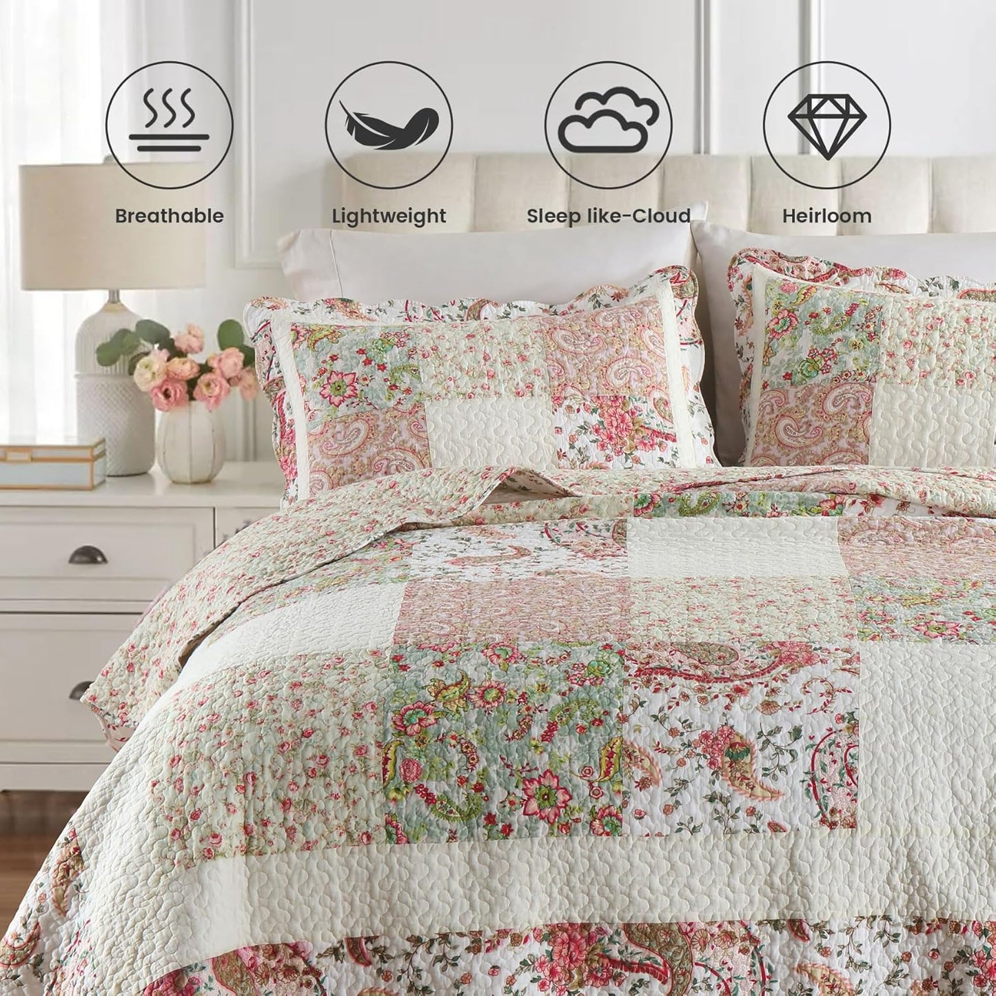 Secgo King Comforter Set for Bed - 100% Cotton Quilts King Size, Black Bedspreads (98 * 104Inch) with 2 Pillow Shams, Patchwork Reversible Lightweight Bedding