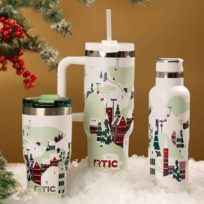 RTIC 40 oz Road Trip Tumbler Double-Walled Cermaic Lined Insulated Stainless Steel Portable Travel Coffee Mug Cup with Lid, Handle and Straw, Apres Ski