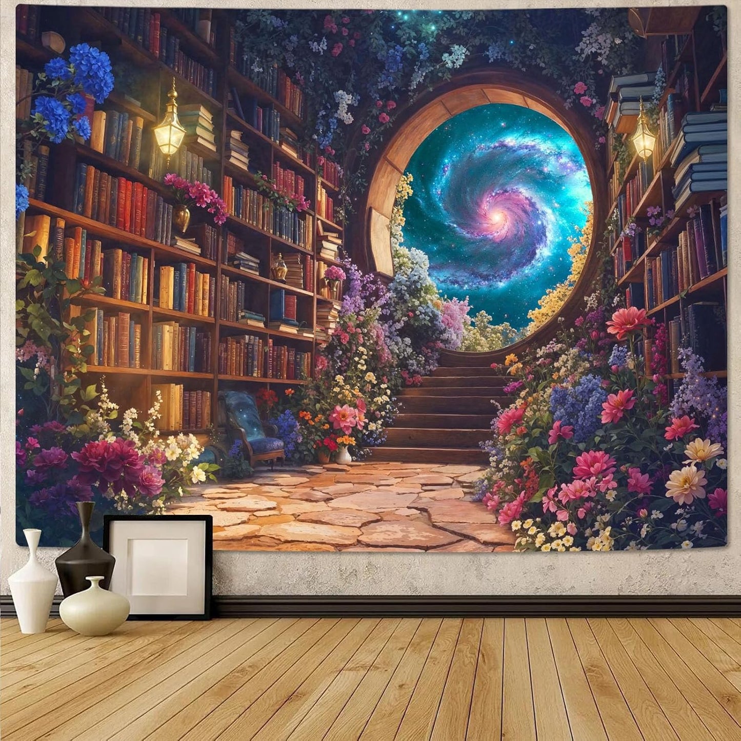 Accnicc Floral Bookshelf Tapestry Fantasy Library Tapestries Wall Hanging Vintage Plant Flower Book Extra Large Tapestry for Bedroom Living Room Dorm 90 x 68 inch