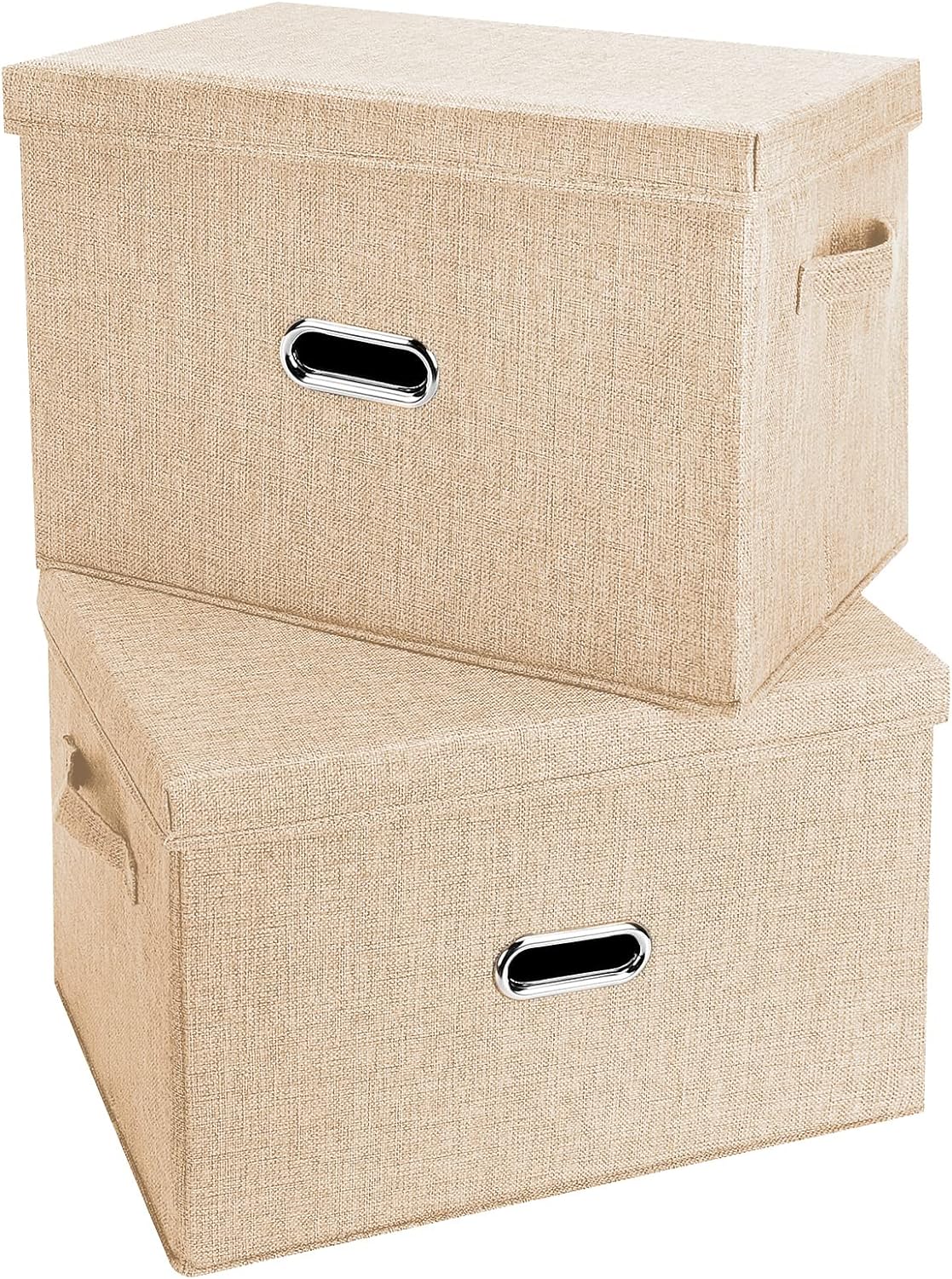 Large Linen Fabric Foldable Storage Bins with Removable Lid and Handles, Washable Storage Box Organizer Containers Baskets Cube with Cover for Bedroom,Closet,Office (Khaki, Medium(2-Pack))